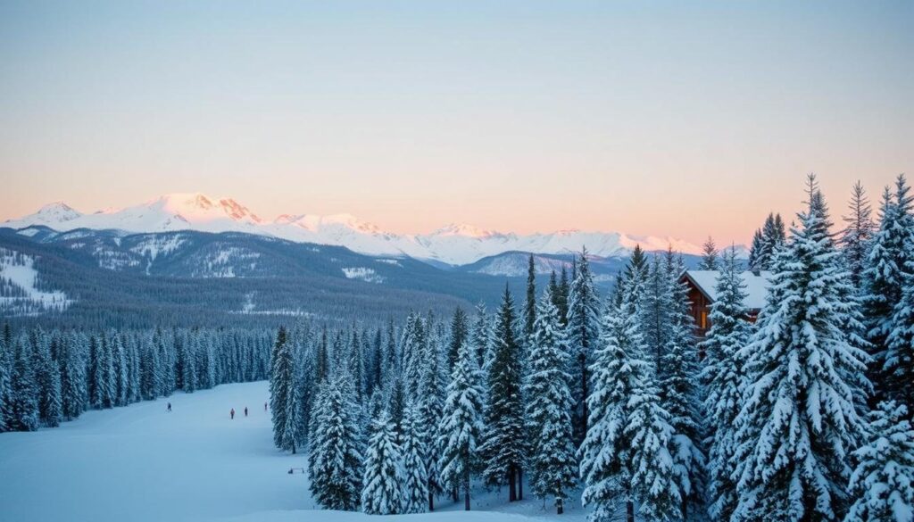 A serene winter landscape at Whitefish Mountain Resort, with a cozy cabin nestled amidst snow-capped peaks. In the foreground, a well-groomed ski trail winds through a pristine forest, inviting skiers to glide effortlessly. The middle ground features the rustic cabin, its warm, inviting lights beckoning visitors to après-ski in comfort. In the background, the majestic peaks of the Rocky Mountains rise, their jagged silhouettes accentuated by the soft, golden light of the setting sun. The scene is bathed in a crisp, cool atmosphere, with a sense of tranquility and adventure permeating the air. Capture this idyllic ski-in/ski-out cabin experience at Whitefish Mountain Resort. A serene winter landscape at Whitefish Mountain Resort, with a cozy cabin nestled amidst snow-capped peaks. In the foreground, a well-groomed ski trail winds through a pristine forest, inviting skiers to glide effortlessly. The middle ground features the rustic cabin, its warm, inviting lights beckoning visitors to après-ski in comfort. In the background, the majestic peaks of the Rocky Mountains rise, their jagged silhouettes accentuated by the soft, golden light of the setting sun. The scene is bathed in a crisp, cool atmosphere, with a sense of tranquility and adventure permeating the air. Capture this idyllic ski-in/ski-out cabin experience at Whitefish Mountain Resort.