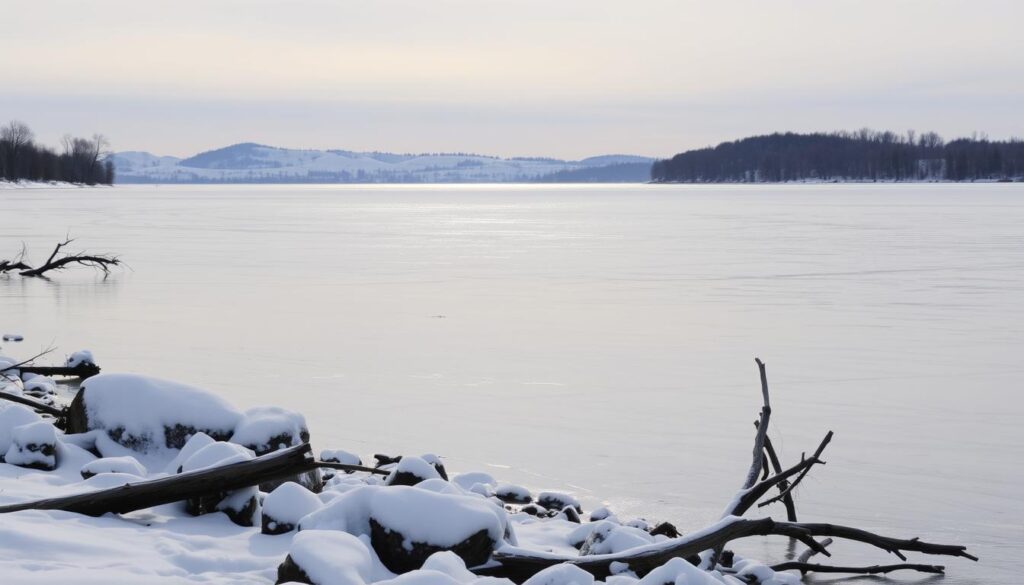 A serene winter landscape of Lake Huron, captured in soft, muted tones. In the foreground, a frozen shoreline dotted with snow-capped boulders and driftwood, reflecting the tranquil waters. The middle ground reveals a majestic expanse of the lake, its surface glistening with a thin layer of ice under a soft, overcast sky. In the distance, the horizon is dotted with the silhouettes of bare trees, their branches reaching skyward against a backdrop of rolling hills blanketed in pristine snow. The overall scene exudes a sense of peaceful solitude, inviting the viewer to immerse themselves in the quiet beauty of this winter wonderland.