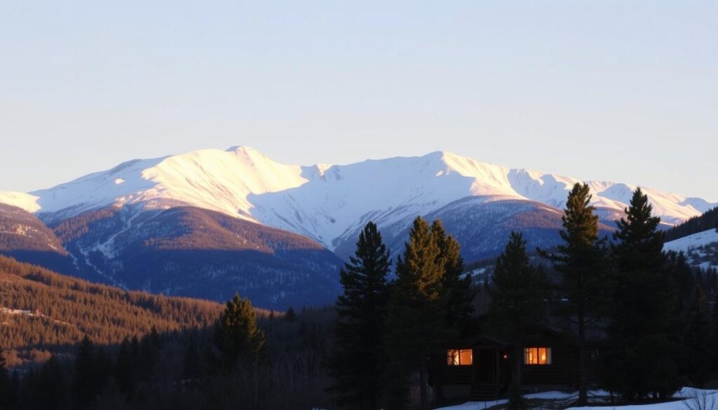 A snow-capped mountain range rises majestically against a clear, azure sky, casting long shadows over the picturesque Taos Ski Valley below. In the foreground, a cozy log cabin nestles amidst a grove of towering pines, its warm, inviting lights beckoning to weary travelers. The scene is bathed in the golden glow of a setting sun, creating a romantic, almost ethereal atmosphere. The crisp, clean air and the serene, tranquil setting evoke a sense of peaceful seclusion, perfect for a peaceful getaway in the heart of New Mexico's high desert. A snow-capped mountain range rises majestically against a clear, azure sky, casting long shadows over the picturesque Taos Ski Valley below. In the foreground, a cozy log cabin nestles amidst a grove of towering pines, its warm, inviting lights beckoning to weary travelers. The scene is bathed in the golden glow of a setting sun, creating a romantic, almost ethereal atmosphere. The crisp, clean air and the serene, tranquil setting evoke a sense of peaceful seclusion, perfect for a peaceful getaway in the heart of New Mexico's high desert.