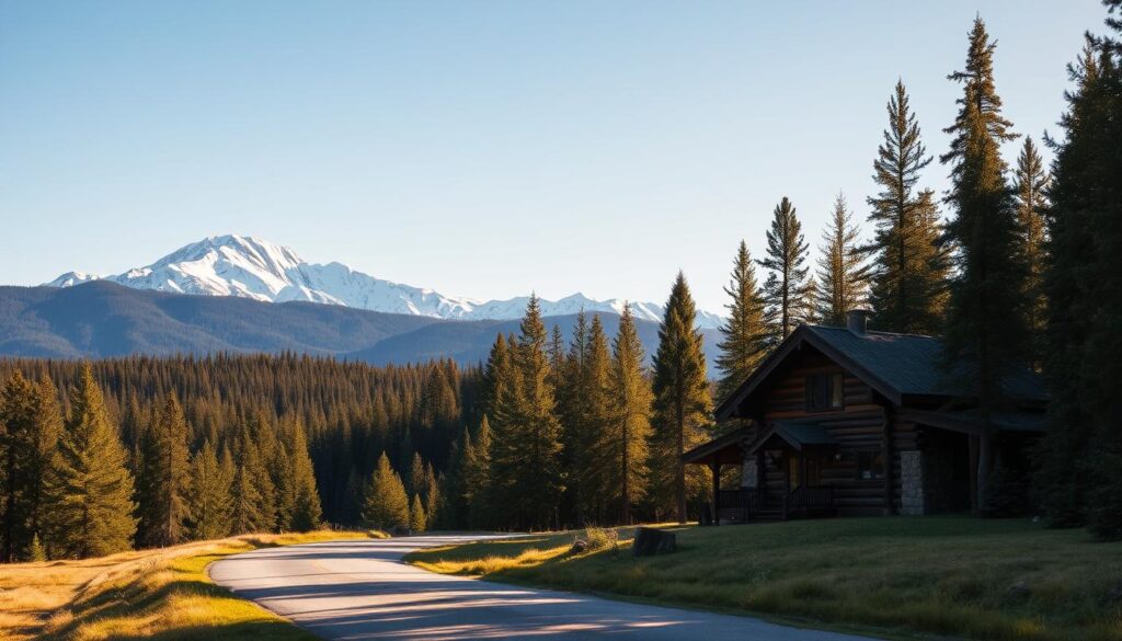 A snow-capped mountain range rises majestically in the background, its rugged peaks silhouetted against a clear, azure sky. In the foreground, a lush, evergreen forest stretches out, its canopy of towering pines casting warm, dappled shadows on the forest floor below. A winding, unpaved road cuts through the landscape, leading the eye towards a cozy, rustic cabin nestled among the trees, its log walls and stone chimney blending seamlessly with the natural surroundings. The scene is bathed in the soft, golden glow of late afternoon sunlight, creating a sense of tranquility and inviting the viewer to imagine the serene experience of a rustic cabin retreat in the heart of the Idaho Panhandle.