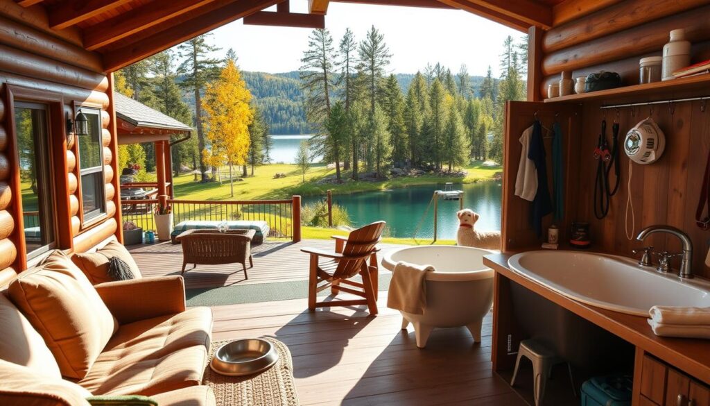 A spacious, cozy cabin nestled in the Idaho wilderness, with a lush, verdant backyard leading to a crystal-clear lake. In the foreground, a well-appointed patio area features plush outdoor furniture, a pet bed, and a set of stainless steel food and water bowls. Mid-ground, a pet grooming station with a bathtub and towels caters to the needs of traveling companions. The background showcases a range of pet-friendly amenities, including a play area with toys, a leash rack, and a cabinet stocked with pet supplies. Warm, natural lighting filters through the scene, creating a welcoming and relaxing atmosphere for both humans and their furry friends.