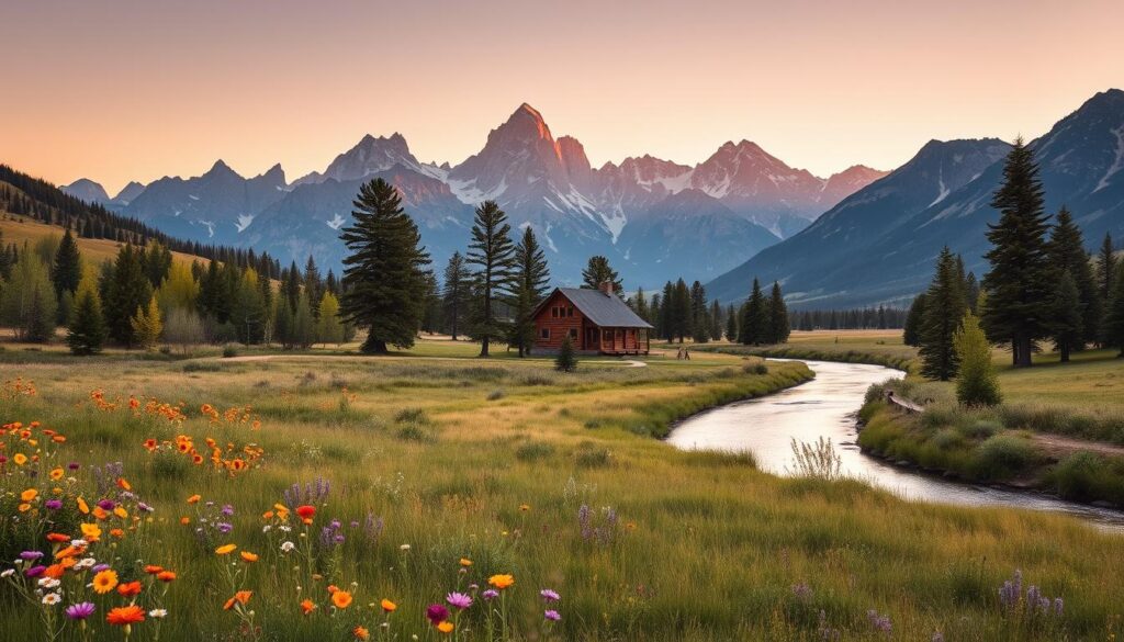 A stunning landscape of the Teton Valley, with the majestic Teton mountain range rising in the background, casting a dramatic silhouette against the golden sky. In the foreground, a lush meadow is dotted with wildflowers, their vibrant colors swaying gently in the breeze. A winding river cuts through the scene, its crystal-clear waters reflecting the surrounding peaks. In the middle ground, a rustic log cabin nestles amidst towering pine trees, its warm glow creating a welcoming atmosphere. The image is captured with a wide-angle lens, highlighting the vast expanse of the valley and the sheer scale of the Tetons. The lighting is soft and natural, creating a serene and peaceful mood, as if inviting the viewer to step into this idyllic mountain retreat.
