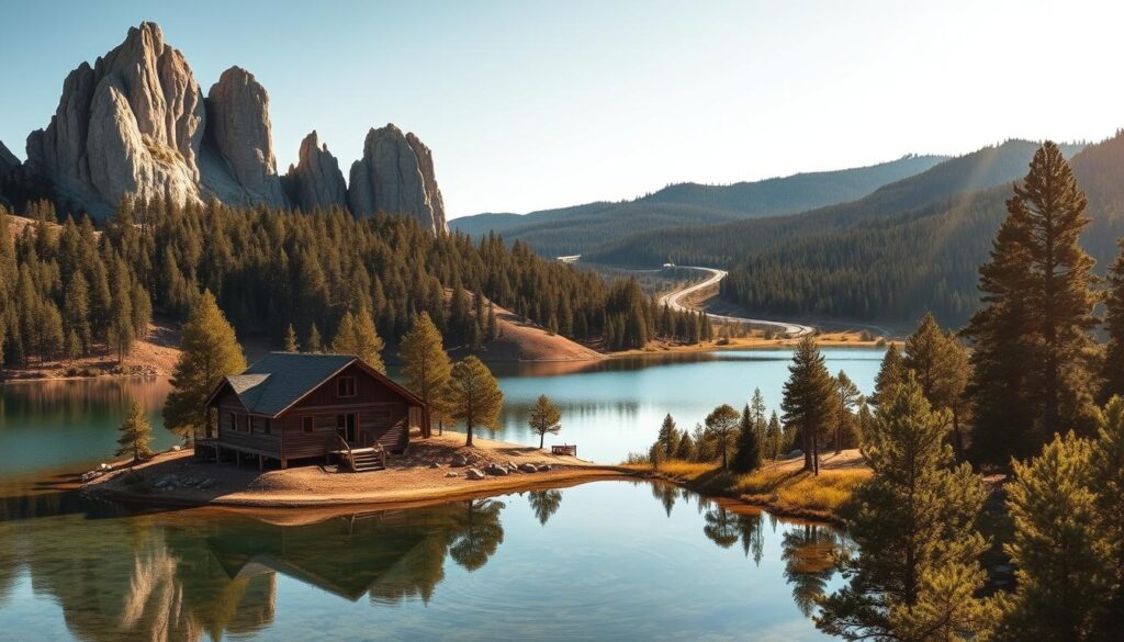 A stunning panoramic view of Custer State Park in the Black Hills of South Dakota. In the foreground, the crystal-clear waters of Sylvan Lake reflect the dramatic Needles rock formations, their jagged granite spires reaching towards the sky. A serene cabin nestled amidst the pines on the lakeshore, its weathered wooden exterior blending seamlessly with the natural landscape. Warm afternoon sunlight filters through the canopy, casting a warm glow over the scene. In the middle ground, the winding Needles Highway snakes through the rugged terrain, leading the eye towards distant rolling hills covered in lush evergreen forests. A sense of solitude and tranquility pervades the entire composition, inviting the viewer to escape into this picturesque wilderness retreat.