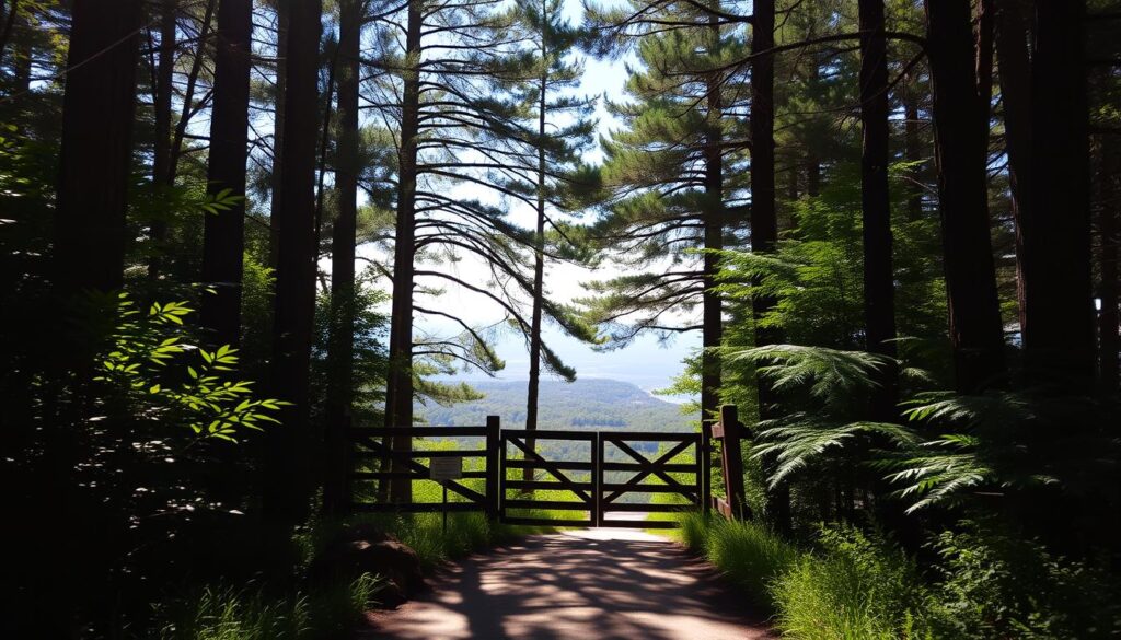 A sun-dappled forest path leading to a wooden gate, inviting visitors into a serene state park. In the foreground, lush greenery and towering pines frame the entrance, their shadows casting a warm, natural light. The middle ground reveals a well-maintained trail, winding through the woodland canopy. In the distance, a glimpse of open skies and rolling hills, suggesting the expansive landscapes that await beyond the gate. The atmosphere is one of tranquility and adventure, beckoning the viewer to explore the natural wonders of this picturesque state park destination.