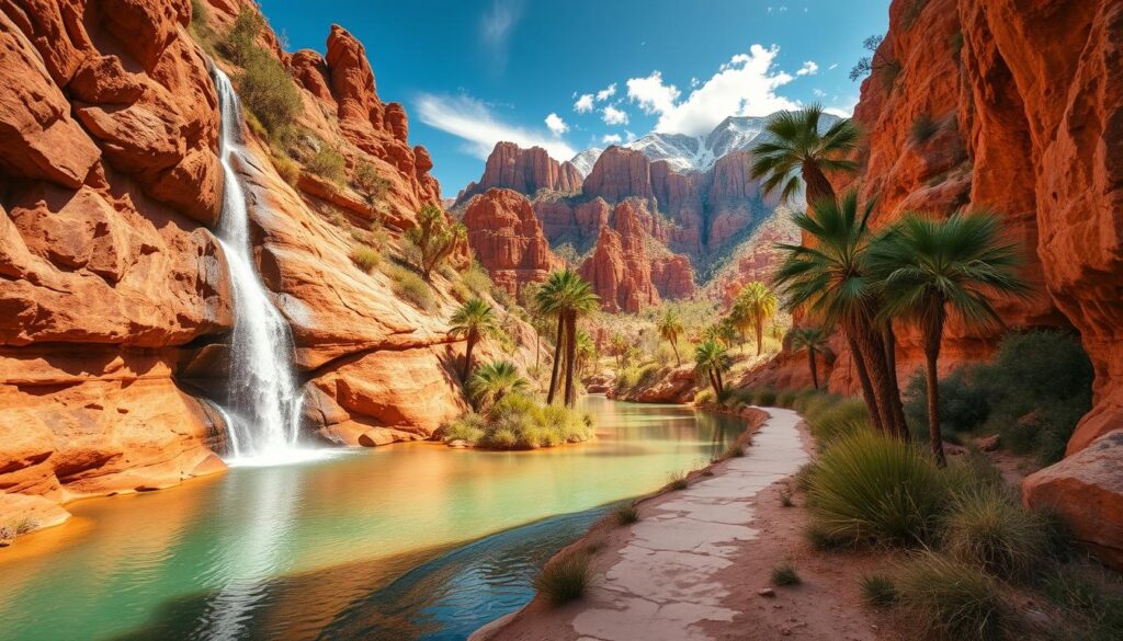 A sun-dappled, lush desert canyon with towering red rock formations and cascading waterfalls. In the foreground, a crystal-clear pool reflects the rugged, weathered cliffs and swaying palm trees. Midground, a winding trail leads deeper into the hidden natural wonder, inviting exploration. The background features a dramatic mountain range, its snow-capped peaks framed by wispy clouds. Warm, golden light filters through the scene, casting a serene, almost ethereal glow. Captured with a wide-angle lens to emphasize the grandeur and scale of this untamed, yet peaceful Nevada landscape.
