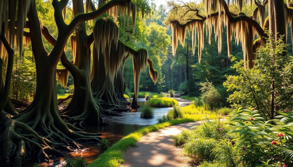 A sun-dappled swamp rabbit trail winds through a lush, verdant landscape in Greenville, South Carolina. Towering cypress trees with twisted, knobby roots line the path, their branches dripping with Spanish moss. Rippling streams and ponds reflect the surrounding foliage, creating a serene, tranquil atmosphere. The trail is bordered by vibrant wildflowers and ferns, inviting the viewer to slow down and immerse themselves in the natural beauty. A warm, golden light filters through the canopy, casting a soft, dreamlike glow over the scene. The overall impression is one of peaceful solitude, where the stresses of everyday life melt away, allowing for a moment of true relaxation and connection with the natural world.