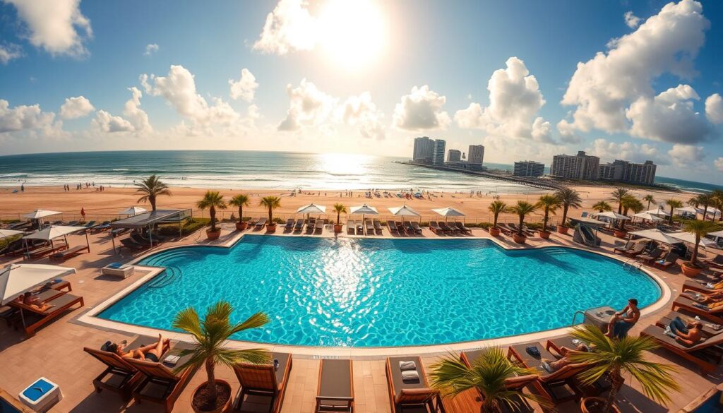 A sun-drenched Atlantic City beach, the warm sand meeting the crashing waves. In the foreground, a sprawling pool with crystal-clear water, surrounded by chic cabanas and swaying palm trees. Sunbathers lounge on plush lounge chairs, sipping colorful cocktails as a gentle breeze rustles through the air. In the distance, the iconic boardwalk and towering casino hotels stand as a testament to the vibrant energy of this coastal getaway. Warm, golden light filters through fluffy clouds, creating a serene and inviting atmosphere. Captured through a wide-angle lens, this idyllic scene perfectly encapsulates the allure of Atlantic City's beach and pool-centric leisure lifestyle.