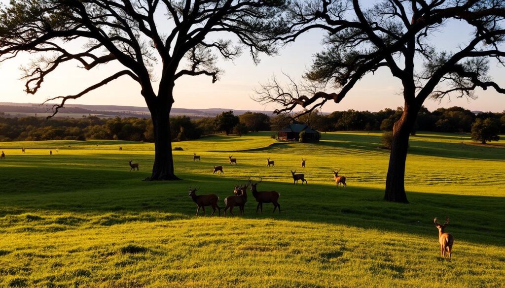 A sweeping landscape at Hideaway Ranch, Texas, with a verdant foreground of rolling hills and lush meadows. In the middle ground, a herd of majestic deer graze peacefully, their antlers silhouetted against the warm glow of the setting sun. Towering trees frame the scene, their branches casting long shadows across the idyllic setting. In the distance, the rugged silhouette of the ranch's cabins nestled amidst the trees, inviting viewers to imagine the tranquil respite that awaits. The overall scene conveys a sense of timeless, rustic charm and the untamed beauty of the Texas wilderness.