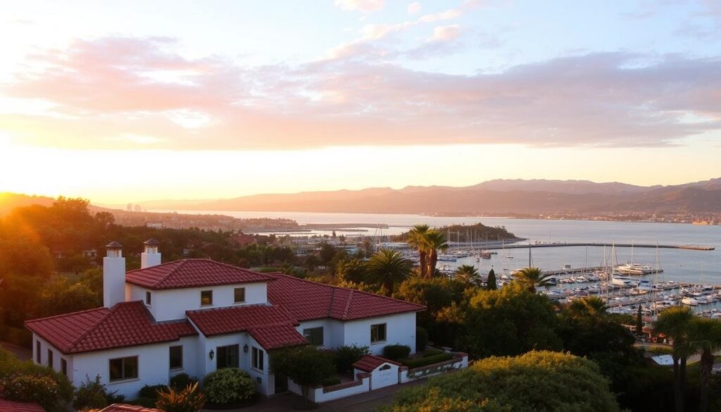 A sweeping vista of Santa Barbara's picturesque coastline, bathed in the golden glow of a setting sun. In the foreground, a quaint Mediterranean-style villa nestled among lush, landscaped gardens, its terracotta roof tiles and whitewashed walls glowing softly. The middle ground reveals the charming harbor, with sailboats and yachts gently swaying in the tranquil waters. Beyond, the majestic Santa Ynez Mountains rise up, their rugged peaks silhouetted against a sky ablaze with warm hues of orange and pink. A sense of relaxed, sophisticated elegance pervades the scene, capturing the essence of a romantic coastal retreat.