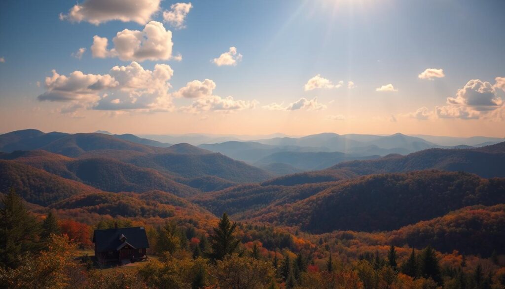 A sweeping vista of the Blue Ridge Mountains in autumn, with vibrant hues of orange, red, and gold adorning the rolling hills. In the foreground, a cozy log cabin nestled amidst a lush, green forest, its warm glow casting a soft light across the scene. The sky is a serene, azure blue, dotted with fluffy white clouds, creating a sense of tranquility and wonder. Sunlight filters through the trees, casting a gentle, golden glow across the landscape. The image is captured through a wide-angle lens, showcasing the grandeur and beauty of this breathtaking mountain retreat.