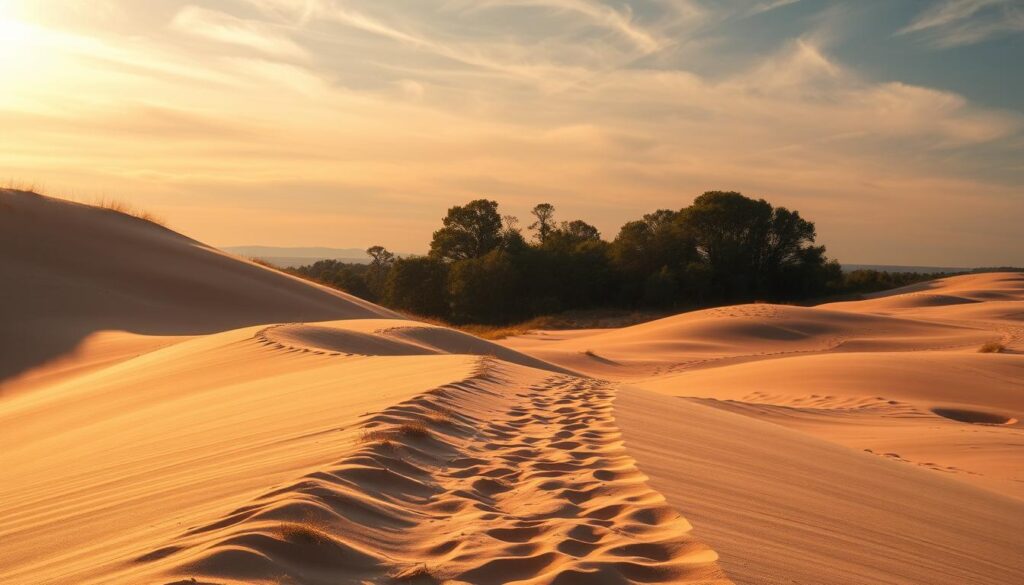 A sweeping vista of undulating sand dunes, their gentle slopes etched with a tapestry of meandering trails. Warm, golden sunlight filters through wispy clouds, casting a soft, diffused glow over the landscape. In the distance, a dense grove of towering trees stands as a verdant backdrop, their branches swaying gently in the cool, lakeside breeze. The trail leads the viewer through this natural sanctuary, inviting them to immerse themselves in the serene beauty of this secluded corner of the lakeshore. Rugged yet inviting, this scene promises a nature-forward experience, where the sights, sounds, and scents of the great outdoors come together in perfect harmony.