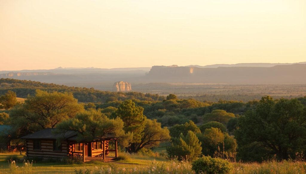 A tranquil Texas Hill Country haven, bathed in warm, golden light. In the foreground, a rustic log cabin nestled among rolling hills, its weathered wood glowing softly. Surrounding it, a lush tapestry of verdant oak trees and wildflowers sway gently in a light breeze. The middle ground reveals distant limestone cliffs, their rugged silhouettes casting long shadows across the landscape. The background opens to a vast, endless sky, painted in hues of soft peach and azure, evoking a sense of serene, timeless beauty. This is a place of refuge, where the stresses of the world melt away, leaving only a profound stillness and an invitation to spiritual renewal.