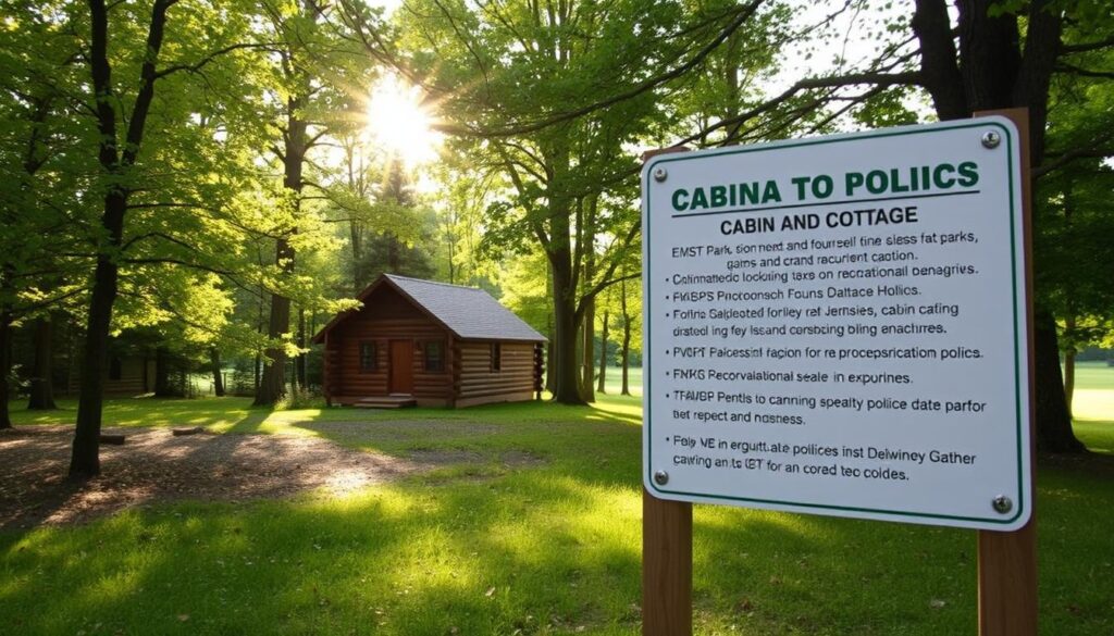 A tranquil cabin nestled in a lush Delaware state park, surrounded by verdant forests and serene meadows. Sunlight filters through the canopy, casting a warm, golden glow on the rustic wooden structure. In the foreground, a sign outlines the park's policies, detailing regulations for cabin rentals, camping, and recreational activities. The scene evokes a sense of peaceful retreat, inviting visitors to immerse themselves in the natural beauty of the region while being mindful of the park's guidelines. The image captures the essence of the "Delaware State Parks Cabin and Cottage Policies to Know" section, conveying the picturesque setting and the practical information necessary for a successful getaway.