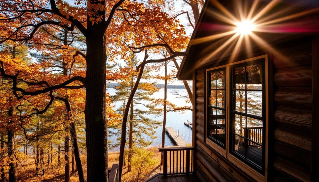 A tranquil forest canopy frames a picturesque lakeside view, the warm glow of autumn foliage bathing the scene in a soft, earthy palette. From the vantage point of a cozy treehouse, the observer gazes out upon a shimmering expanse of water, the shoreline dotted with towering pines and a lone dock reaching into the distance. Sunlight filters through the branches, casting a gentle, dappled light across the weathered wooden structure and its expansive windows, inviting one to pause and soak in the serene natural wonder of this hidden forest retreat.