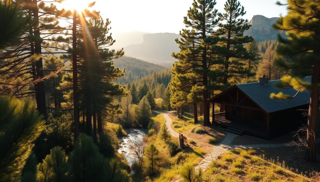 A tranquil forest hideaway nestled in the North Texas wilderness, surrounded by towering pines and a gently flowing stream. Sunlight filters through the lush canopy, casting a warm, golden glow over the scene. In the foreground, a rustic cabin with a wraparound porch stands in harmony with its natural surroundings, inviting visitors to slow down and immerse themselves in the serene beauty of the landscape. The middle ground reveals a winding hiking trail, leading deeper into the verdant expanse, hinting at the adventurous possibilities that await. In the distance, the silhouettes of rugged canyon walls rise, creating a breathtaking backdrop that showcases the diverse terrain of this picturesque region.