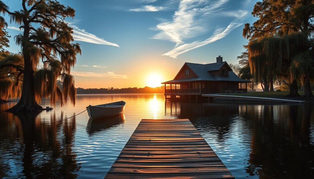 A tranquil lakeside scene at dawn, with a wooden dock extending into the still waters. The sun's soft golden glow casts a warm reflection across the surface, illuminating the surrounding cypress trees and their Spanish moss-draped branches. In the foreground, a rowboat rests peacefully, inviting a moment of serene contemplation. The middle ground features a picturesque log cabin, its rustic architecture blending seamlessly with the natural landscape. Wispy clouds dot the azure sky, adding depth and a sense of tranquility to the overall composition. The entire scene evokes a feeling of peaceful solitude, perfect for a sunrise devotional and a moment of scenic respite.