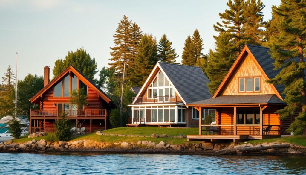 A tranquil lakeside scene showcasing a variety of cozy cabin types near the serene waters of Torch Lake. In the foreground, a charming log cabin with a wraparound porch stands tall, its rustic wood exterior complemented by lush foliage. In the middle ground, a modern lakefront bungalow with clean lines and large windows offers panoramic views of the glistening lake. Further back, a traditional A-frame cabin sits nestled among tall pines, its steep roof and weathered siding evoking a sense of wilderness and seclusion. The scene is bathed in warm, golden afternoon light, creating a serene and inviting atmosphere perfect for summer reflection.