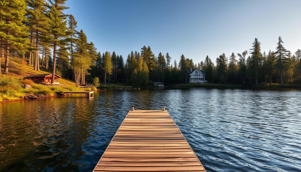 A tranquil lakeside scene, with a wooden dock extending into the still waters of a serene northern Michigan lake. Tall pines and birch trees frame the edges, casting dappled shadows across the shoreline. The mid-afternoon sun bathes the landscape in a warm, golden glow, reflecting off the rippling surface of the lake. A sense of peaceful solitude pervades the air, inviting visitors to slow down and immerse themselves in the natural beauty of this secluded oasis. The composition emphasizes the harmonious integration of the built and natural elements, capturing the essence of a private cabin retreat nestled amidst the verdant splendor of Michigan's northern wilderness.