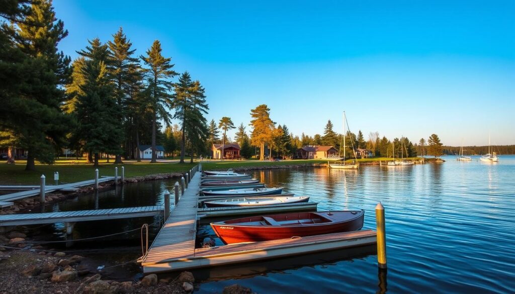 A tranquil private marina on the shores of Big Manistique Lake, nestled within the serene Sleepy Eyed Goose Resort. Majestic pines line the water's edge, their shadows dancing across the calm surface. A fleet of classic wooden boats are moored at the weathered dock, gently rocking in the soft breeze. The late afternoon sun casts a warm, golden glow, illuminating the resort's rustic cabins in the distance. A sense of timeless serenity pervades the scene, inviting visitors to slow down and savor the beauty of this hidden Upper Peninsula oasis.