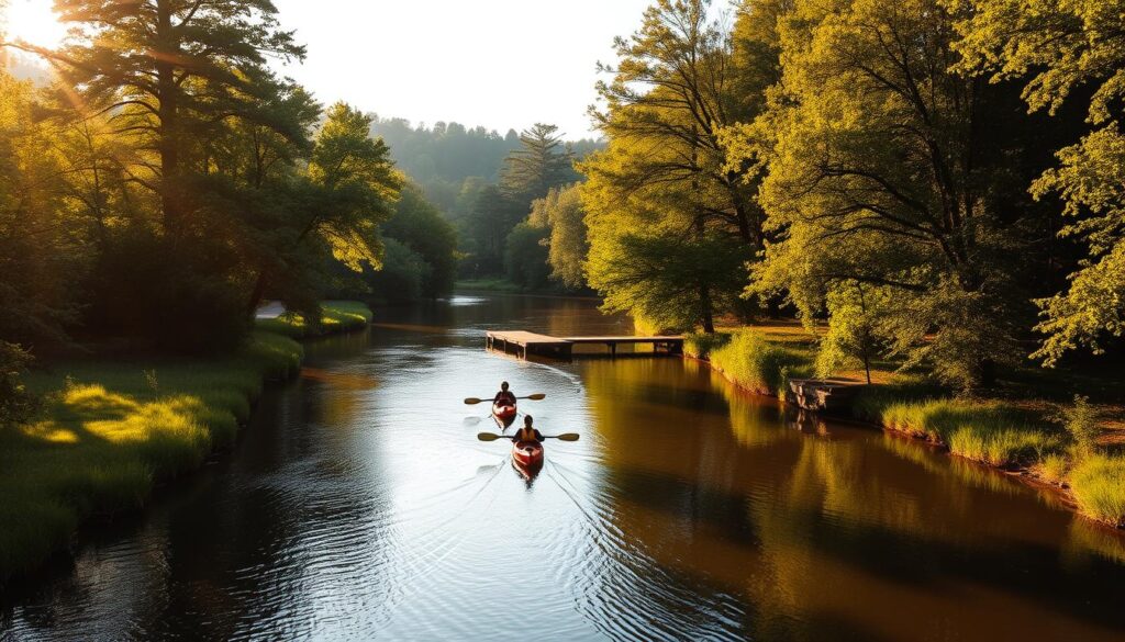 A tranquil river winds through a lush, verdant landscape, dotted with towering trees and sun-dappled foliage. Kayakers glide effortlessly along the calm waters, their paddles creating gentle ripples as they explore the peaceful trails. The scene is bathed in warm, golden light, casting a serene glow over the entire setting. In the distance, a wooden dock juts out into the river, inviting visitors to pause and take in the natural beauty. The overall atmosphere evokes a sense of tranquility and relaxation, perfect for a romantic weekend getaway.