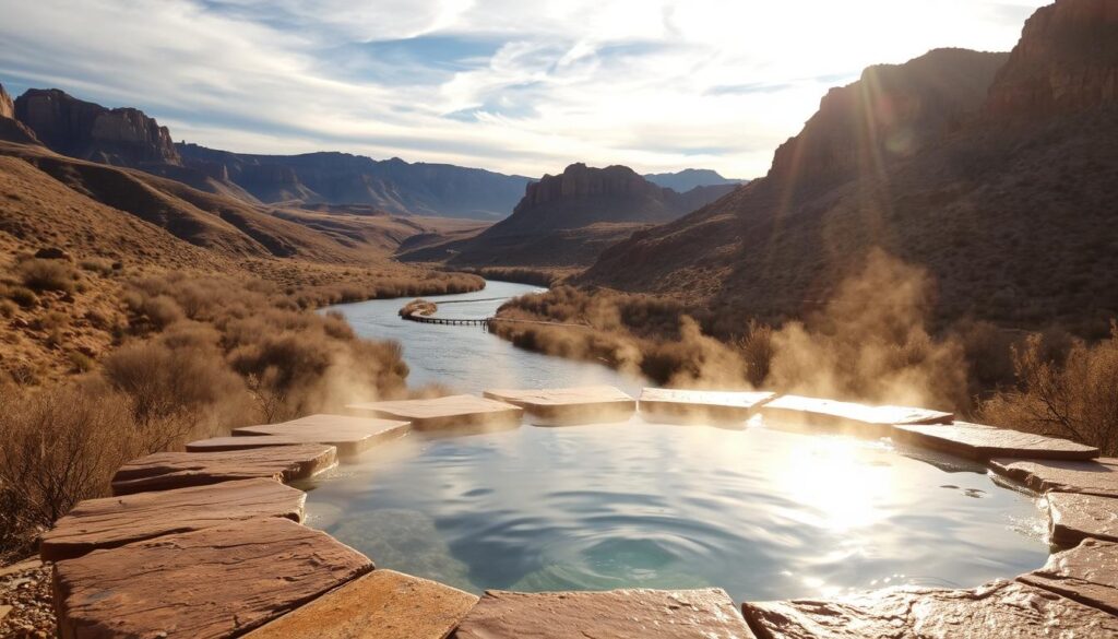A tranquil scene along the Snake River in Buhl, Idaho, showcasing a natural hot spring tub nestled amidst the rugged, sage-covered hills. Warm, golden sunlight filters through wispy clouds, casting a soft glow over the steaming waters and the surrounding landscape. In the foreground, the tub's natural stone edges blend seamlessly with the earthy tones of the environment. In the middle ground, the river winds its way through the wide-open, windswept vistas, its surface reflecting the serene sky above. In the distance, towering basalt cliffs rise up, framing the scene with their majestic, weathered forms. The overall mood is one of peaceful relaxation, inviting visitors to immerse themselves in the natural splendor of Snake River Country.