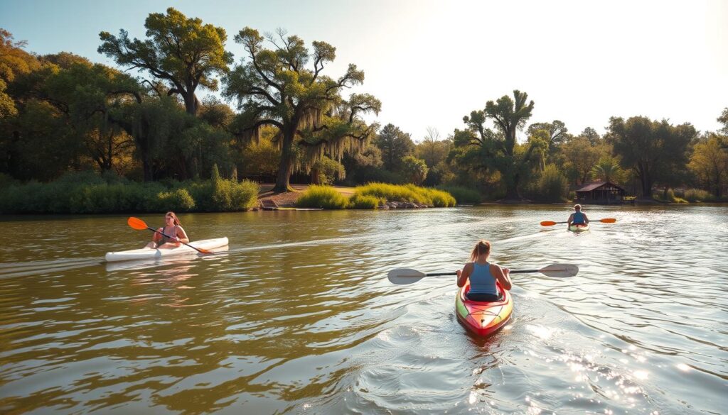 A tranquil scene of free kayaking and paddleboarding on the glistening waters of the Guadalupe River in New Braunfels, Texas. In the foreground, two people paddle effortlessly, their kayaks gliding through the gentle current. The middle ground features lush, verdant riverbanks dotted with towering cypress trees, casting gentle shadows on the water. In the background, a picturesque cabin nestled among the trees overlooks the serene river, its rustic charm and soulful ambiance inviting guests to relax and unwind. The warm, golden hues of the afternoon sun bathe the entire scene in a soft, inviting glow, creating a sense of peace and tranquility. A wide-angle lens captures the expansive, panoramic view, showcasing the seamless integration of nature and human activity.