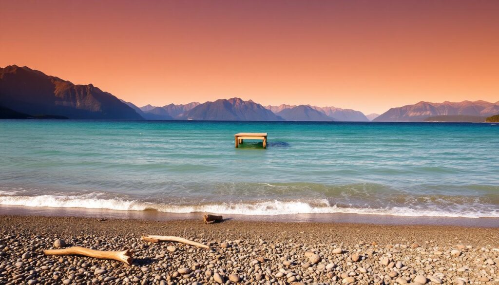 A tranquil seascape of Kachemak Bay, Alaska, with crystal-clear turquoise waters reflecting the rugged mountains in the distance. Gentle waves lap against a pebbled beach, their soothing rhythm accentuated by the warm, golden glow of the afternoon sun. Scattered driftwood and smooth stones dot the shoreline, creating a serene, natural tableau. In the middleground, a small, wooden dock extends into the bay, inviting visitors to embark on a water taxi adventure. The scene is imbued with a sense of peaceful solitude, capturing the essence of the remote Alaskan wilderness. A tranquil seascape of Kachemak Bay, Alaska, with crystal-clear turquoise waters reflecting the rugged mountains in the distance. Gentle waves lap against a pebbled beach, their soothing rhythm accentuated by the warm, golden glow of the afternoon sun. Scattered driftwood and smooth stones dot the shoreline, creating a serene, natural tableau. In the middleground, a small, wooden dock extends into the bay, inviting visitors to embark on a water taxi adventure. The scene is imbued with a sense of peaceful solitude, capturing the essence of the remote Alaskan wilderness.