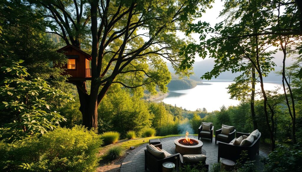 A tranquil valley nestled amid lush, verdant foliage. A charming wooden treehouse perched atop towering trees, its warm glow beckoning from within. Dappled sunlight filters through the canopy, casting a golden hue across the scene. In the distance, a serene lake reflects the surrounding wilderness, its still waters mirroring the majesty of the landscape. A cozy outdoor lounge area, complete with plush seating and a crackling firepit, invites visitors to bask in the peaceful solitude. Gentle breezes whisper through the leaves, creating a soothing symphony to accompany the gentle lapping of water. This enchanting retreat offers a sanctuary for two, a chance to escape the hustle and immerse oneself in the tranquil embrace of nature.