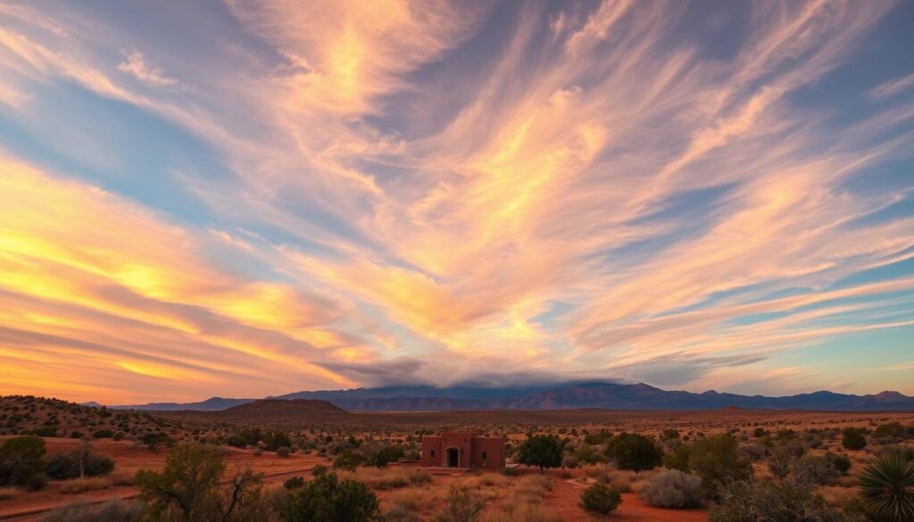 A vast, captivating sky over the rugged New Mexico high desert. Wispy cirrus clouds painted in hues of orange and pink, reflecting the warmth of the setting sun. Dramatic thunderheads loom in the distance, casting dramatic shadows across the ochre-colored earth below. In the foreground, a lone adobe hacienda nestled amidst mesquite and piñon trees, beckoning with the promise of cozy comfort and quiet solitude. The air is crisp and clear, infused with the earthy scents of sage and juniper. This is a scene of natural beauty and tranquility, the perfect backdrop for an intimate, romantic getaway. A vast, captivating sky over the rugged New Mexico high desert. Wispy cirrus clouds painted in hues of orange and pink, reflecting the warmth of the setting sun. Dramatic thunderheads loom in the distance, casting dramatic shadows across the ochre-colored earth below. In the foreground, a lone adobe hacienda nestled amidst mesquite and piñon trees, beckoning with the promise of cozy comfort and quiet solitude. The air is crisp and clear, infused with the earthy scents of sage and juniper. This is a scene of natural beauty and tranquility, the perfect backdrop for an intimate, romantic getaway.