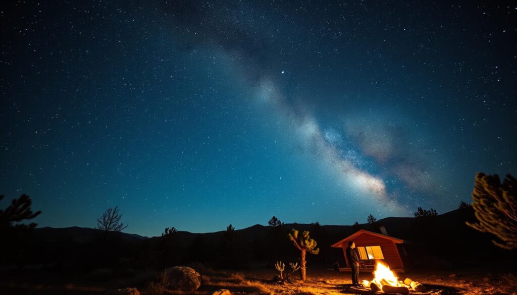 A vast, starry night sky stretches across the high desert of New Mexico, the Milky Way a shimmering ribbon of light. In the foreground, a cozy cabin nestled among the junipers and piñons, its warm glow beckoning. A gentle campfire crackles, casting a soft, amber light over a pair of intimate silhouettes gazing upwards, lost in wonder at the celestial spectacle above. The scene is bathed in a cool, blue moonlight, creating a serene, romantic atmosphere perfect for a date night under the endless desert heavens. A vast, starry night sky stretches across the high desert of New Mexico, the Milky Way a shimmering ribbon of light. In the foreground, a cozy cabin nestled among the junipers and piñons, its warm glow beckoning. A gentle campfire crackles, casting a soft, amber light over a pair of intimate silhouettes gazing upwards, lost in wonder at the celestial spectacle above. The scene is bathed in a cool, blue moonlight, creating a serene, romantic atmosphere perfect for a date night under the endless desert heavens.