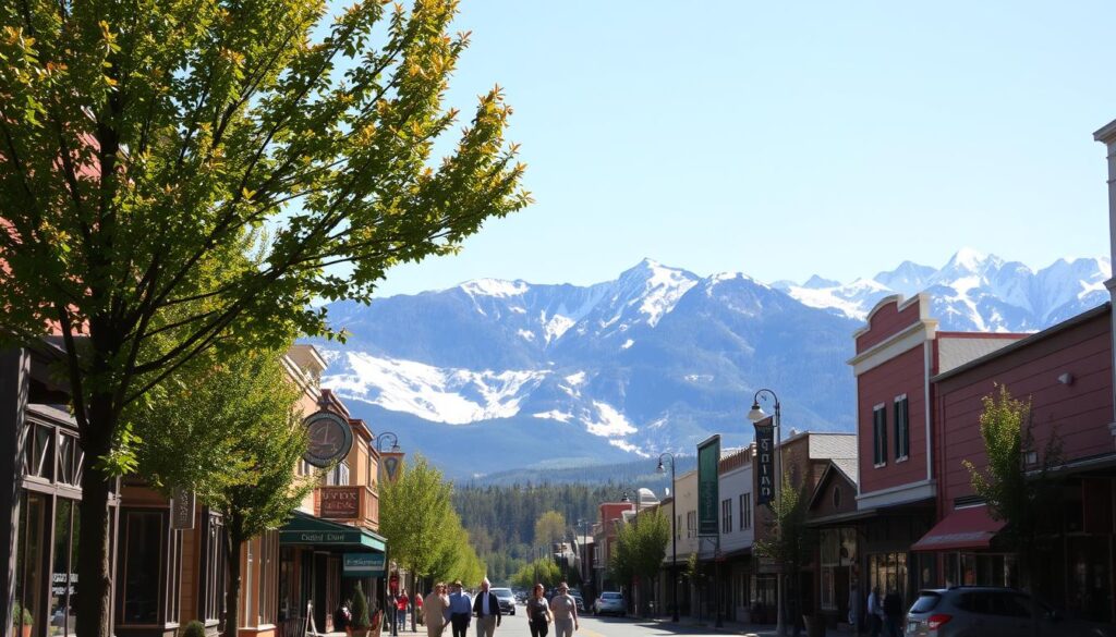 A vibrant, sun-dappled scene of downtown Whitefish, Montana, nestled between the majestic Rocky Mountains. In the foreground, charming local shops and restaurants line the tree-lined streets, their colorful facades and inviting storefronts drawing the eye. In the middle ground, pedestrians stroll leisurely, pausing to admire the quaint architecture and lively street life. In the background, the snow-capped peaks of the Rockies rise majestically, framing the town in a breathtaking natural embrace. The scene is bathed in a warm, golden light, capturing the inviting atmosphere of this cozy mountain town retreat. A vibrant, sun-dappled scene of downtown Whitefish, Montana, nestled between the majestic Rocky Mountains. In the foreground, charming local shops and restaurants line the tree-lined streets, their colorful facades and inviting storefronts drawing the eye. In the middle ground, pedestrians stroll leisurely, pausing to admire the quaint architecture and lively street life. In the background, the snow-capped peaks of the Rockies rise majestically, framing the town in a breathtaking natural embrace. The scene is bathed in a warm, golden light, capturing the inviting atmosphere of this cozy mountain town retreat.