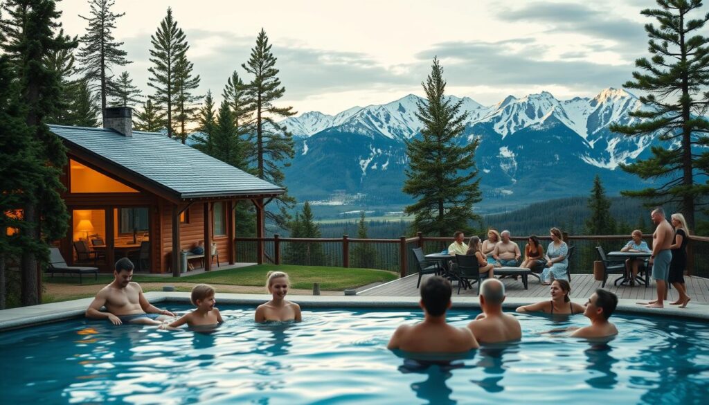 A warm, cozy cabin nestled in the picturesque Montana wilderness, surrounded by towering pines and a serene private pool. In the foreground, a family of four - parents and two children - relaxing and playing together, their laughter echoing through the crisp mountain air. In the middle ground, a group of friends, couples, and extended family members gather, enjoying each other's company as they soak in the pool or lounge on the wooden deck. The background features a breathtaking panoramic view of the rugged, snow-capped peaks, bathed in soft, golden light from the setting sun. This intimate, welcoming scene captures the essence of quiet luxury, where loved ones can escape, connect, and create cherished memories.
