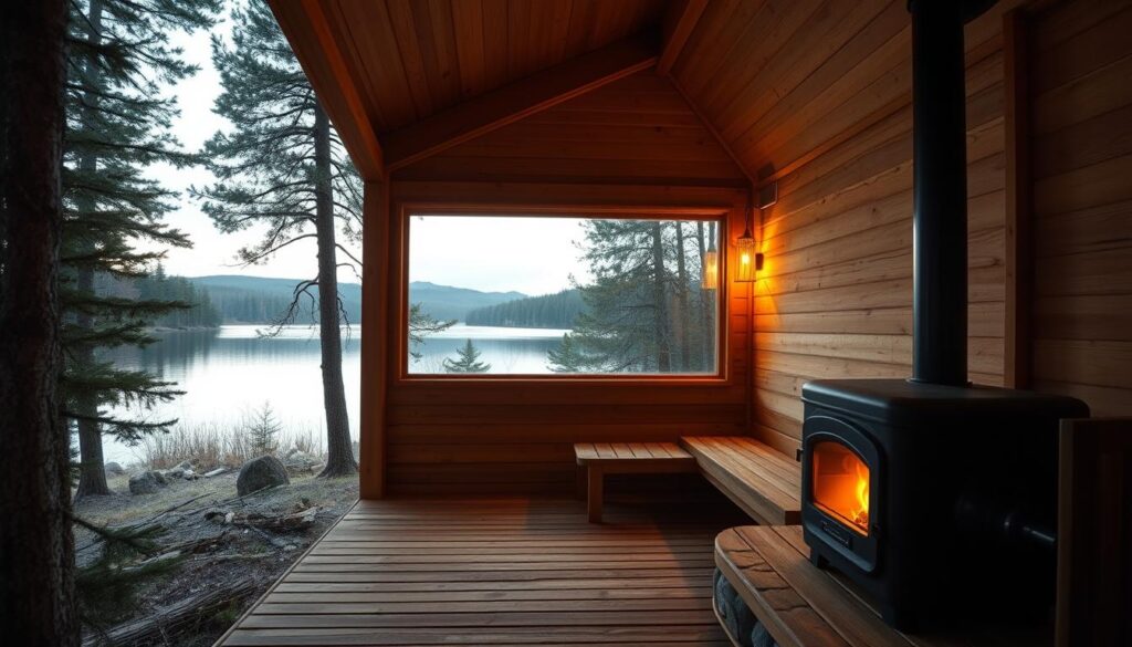 A warm, inviting wooden sauna nestled amidst a lush, pine-scented forest, its steam-filled interior visible through the glass-paned entrance. The soft glow of ambient lighting casts a serene, therapeutic atmosphere, while large windows frame picturesque views of a tranquil lake, its still waters reflecting the surrounding natural beauty. The sauna's rustic, Scandinavian-inspired design features clean lines, natural wood tones, and a traditional stone-lined stove, creating a harmonious fusion of modern comfort and traditional wellness. An alluring, immersive retreat where the rejuvenating power of nature meets the restorative qualities of a sauna experience.