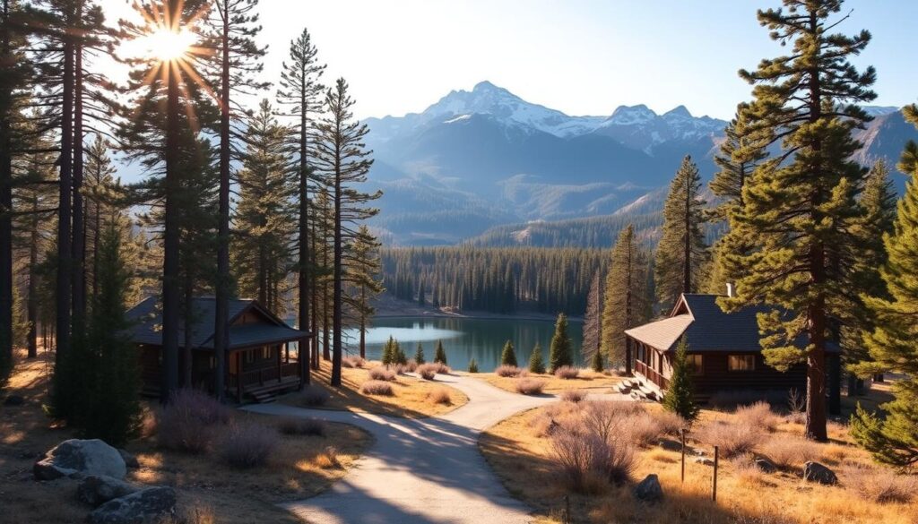 An expansive, idyllic view of featured cabins nestled amidst the untamed wilderness of Montana's rugged landscapes. Warm sunlight filters through towering pine trees, casting a golden glow over the rustic, well-appointed cabins. In the foreground, a meandering path leads towards the cabins, inviting visitors to slow down and immerse themselves in the tranquil, secluded setting. The middle ground features a serene, glassy lake, its reflective surface mirroring the surrounding mountains and forests. In the distance, snow-capped peaks pierce the horizon, creating a breathtaking backdrop that evokes a sense of peace and purpose. The overall scene conveys a harmonious blend of quiet luxury, wild nature, and a purposefully designed retreat, perfectly aligned with the subject of the article.