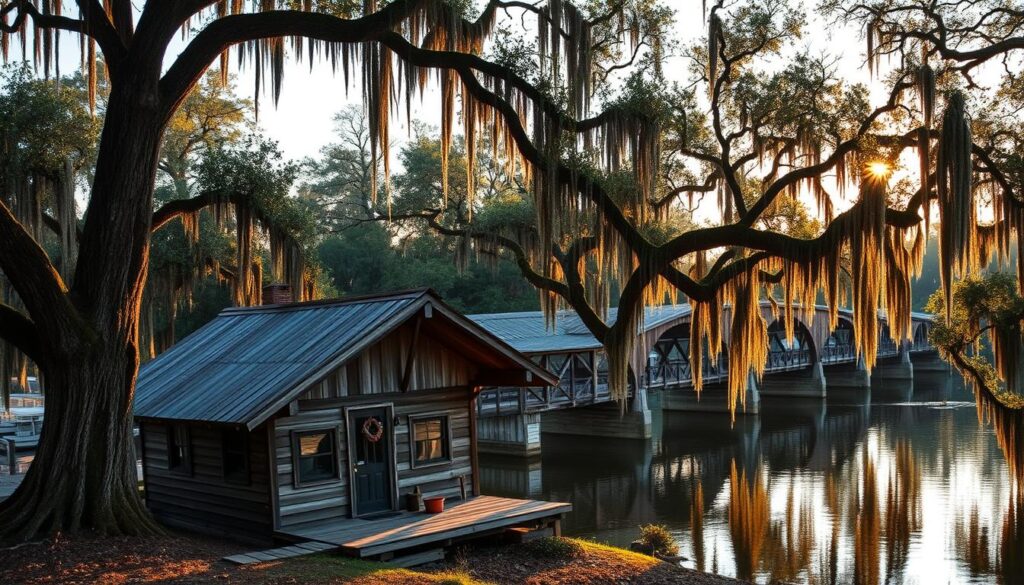 Breaux Bridge, a picturesque Louisiana town nestled along the Bayou Teche, a serene waterway surrounded by lush cypress trees draped in Spanish moss. Capture the tranquil atmosphere with a wide-angle lens, showcasing the historic wooden bridge that spans the bayou, its graceful arches reflecting in the calm waters. In the foreground, a rustic cabin sits by the shore, its weathered wood and tin roof complementing the natural surroundings. Soft, golden light filters through the trees, casting a warm glow over the scene, evoking a sense of timeless charm and romantic getaway in the heart of Cajun country.