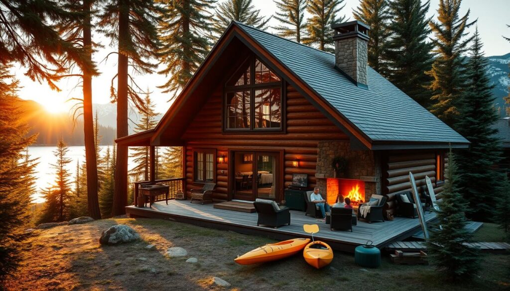 Cabin nestled in lush evergreen forest, morning sunlight filtering through the trees, snow-capped mountains in the distant background. Rustic wooden exterior with charming details, inviting porch overlooking a serene lake. Cozy interior with plush furnishings, large windows framing picturesque landscape views. Warm fireplace casting a golden glow, family gathering around to enjoy the peaceful natural setting. Kayaks and fishing gear ready for outdoor adventures. Tranquil atmosphere, evoking a sense of relaxation and connection with the great outdoors.