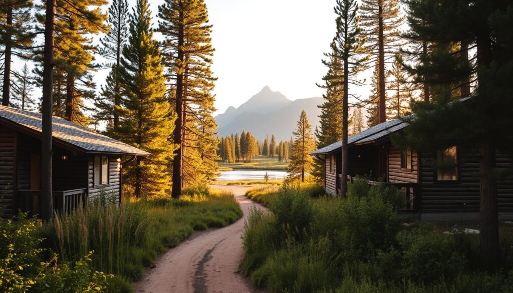 Cabins nestled amidst towering pines, their weathered wood facades reflecting the rugged beauty of the Bozeman landscape. In the foreground, a winding dirt trail leading through lush undergrowth, inviting hikers to explore the serene natural surroundings. The middle ground features a small, tranquil lake, its calm waters mirroring the dramatic mountain peaks in the distance. Warm, golden sunlight filters through the trees, casting a soft, cozy glow over the entire scene. The overall atmosphere evokes a sense of peaceful seclusion, a perfect escape from the bustling city nearby.