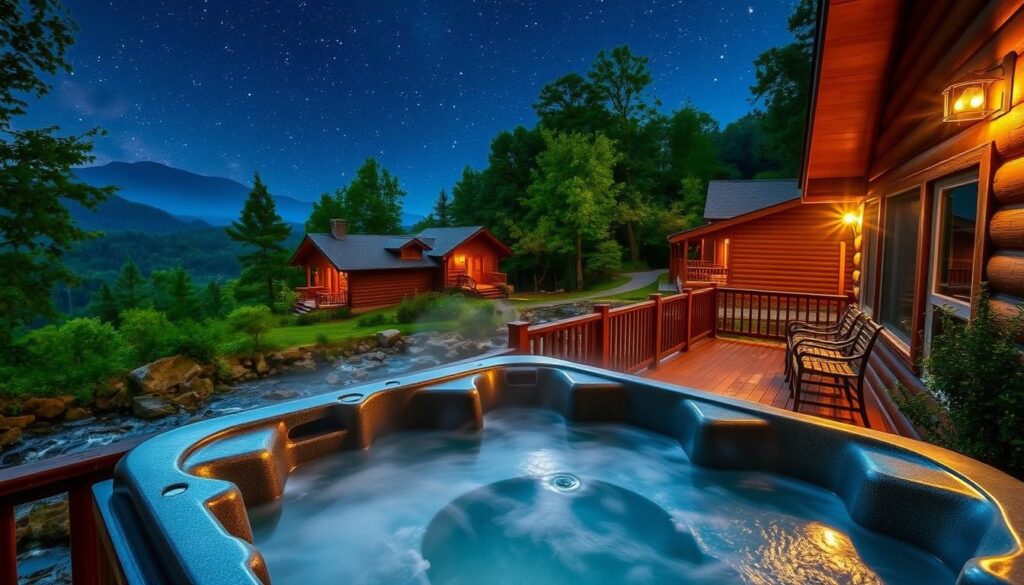 Cabins nestled in the serene Blue Ridge Mountains, surrounded by lush forest and a tranquil stream. In the foreground, a private outdoor hot tub steams invitingly, framed by a wooden deck and panoramic mountain views. Soft, warm lighting casts a romantic glow, while the starry night sky twinkles overhead. The scene exudes a cozy, peaceful atmosphere, perfect for a couples' retreat immersed in nature's beauty.