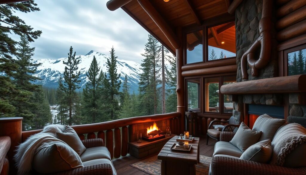 Cozy cabin nestled amidst towering pines, its warm glow casting a welcoming embrace. Inviting porch with plush seating, flanked by rustic log accents. Expansive windows frame majestic snow-capped peaks, a serene backdrop. Crackling fireplace casts a soft, intimate light, radiating comfort. Plush throws and pillows adorn the interior, conveying a sense of relaxation. Wooden beams and natural wood tones create a harmonious, cabin-chic aesthetic. Soft, indirect lighting throughout, creating a soothing ambiance. Panoramic views of Glacier National Park's breathtaking landscapes visible from every angle.