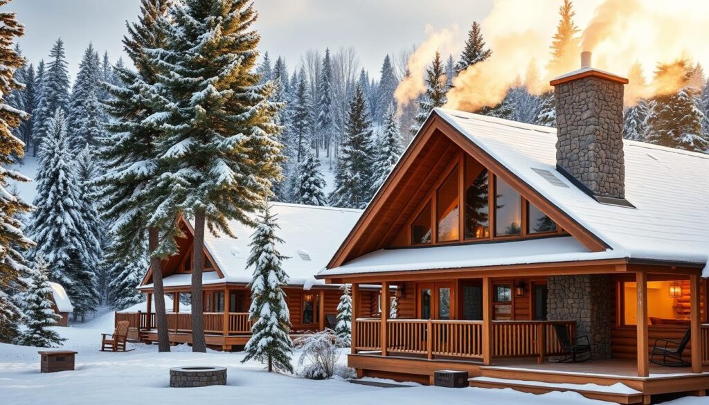 Cozy family-friendly log cabins nestled in a picturesque snowy Michigan landscape. Rustic wooden exteriors with large windows offering panoramic views of the winter wonderland. Smoke billowing from stone chimneys, inviting guests to step inside and experience the warmth and comfort. Lush evergreen trees dusted with fresh powder surround the cabins, creating a peaceful, serene atmosphere. Soft, natural lighting filters through the windows, casting a warm glow across the snow-covered ground. The cabins are positioned to provide ample privacy and seclusion, perfect for quality time with loved ones. Charming details like wooden decks, rocking chairs, and outdoor firepits complete the quintessential winter cabin experience.