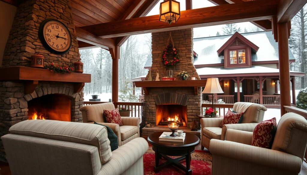 Cozy fireplace inn nestled in a picturesque New England countryside, with a stone chimney and wooden beams framing a roaring fire. Quaint country decor, plush armchairs, and soft lighting create an inviting, intimate atmosphere. The inn's exterior features a charming gabled roof, dormers, and a wraparound porch overlooking a snowy landscape. Hints of the surrounding forest can be seen through the windows, evoking a sense of tranquility and escape. This rustic yet refined scene exudes the quintessential romantic cabin vibe, perfect for a serene Massachusetts getaway.