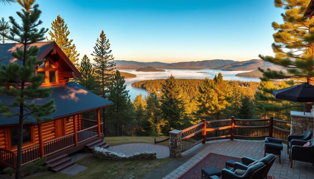 Cozy log cabins nestled amidst lush pine forests, their rustic exteriors bathed in the warm glow of golden hour sunlight. Inviting front porches overlooking serene lakes, where wisps of mist rise from the still waters. Interiors featuring plush leather furniture, stone fireplaces, and panoramic windows offering breathtaking vistas of rolling hills and distant peaks. A sense of tranquility and seclusion pervades the scene, encouraging rest and rejuvenation. The cabins beckon visitors to unwind, reconnect with nature, and savor the peace of this picturesque North Texas retreat.