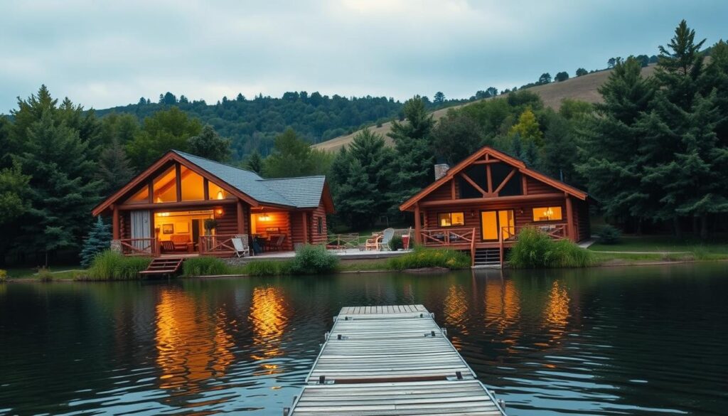 Cozy log cabins nestled beside a serene lake, surrounded by lush green foliage. The cabins have warm, inviting exteriors with large windows overlooking the water. Inside, plush furnishings and a crackling fireplace create a sense of comfort and relaxation. Soft natural lighting filters through the windows, casting a golden glow over the scene. In the foreground, a wooden dock extends out over the still, reflective surface of the lake, inviting visitors to cast a line and enjoy the peaceful solitude. In the distance, rolling hills dotted with trees form the backdrop, completing the picturesque, tranquil setting.