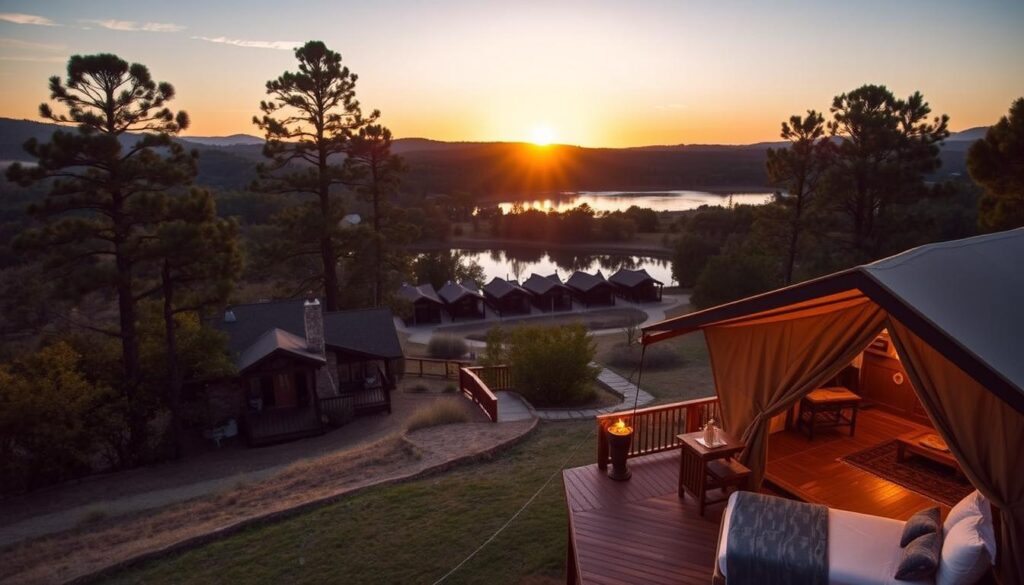 Glamping and classic cabins nestled in the lush Uvalde, Texas Hill Country. A serene landscape of rolling hills, towering pines, and a tranquil lake. In the foreground, a luxurious glamping tent with plush furnishings and warm lighting, surrounded by a cozy wooden deck. In the middle ground, a cluster of rustic cabins with stone chimneys and wraparound porches, reflecting in the still waters. The background features a golden sunset sky, casting a warm glow over the scene. The overall atmosphere is one of peaceful seclusion, where nature and comfort harmonize, offering a true "Peace of Heaven".