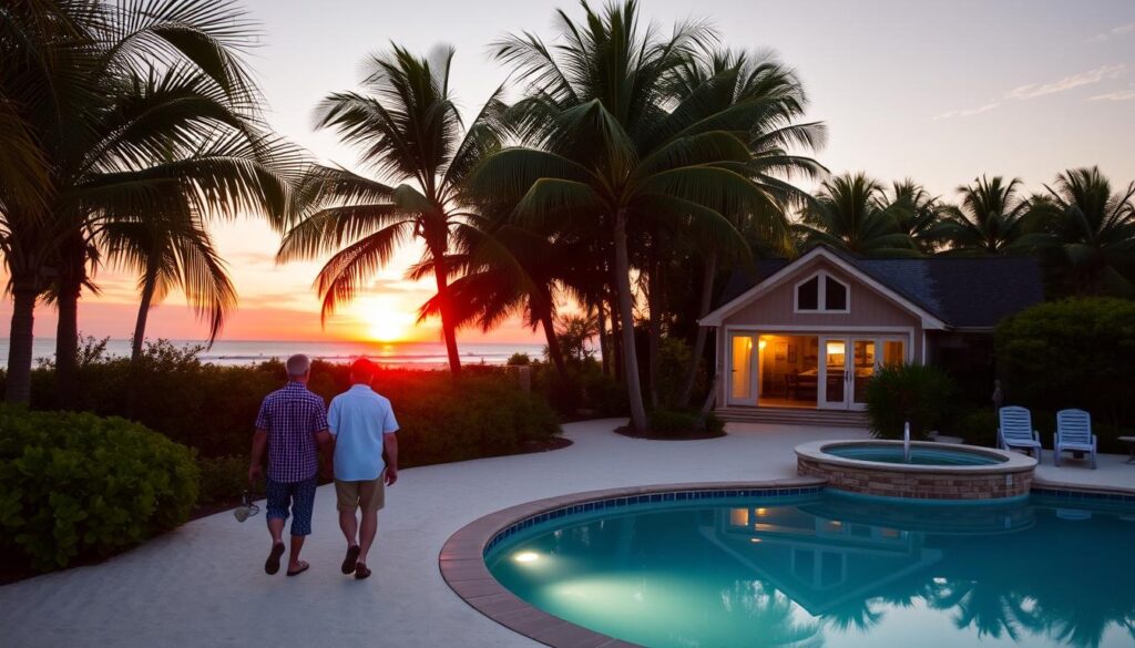 Hilton Head Island at dusk, the sun dipping below the horizon, casting a warm glow across the pristine white sand beaches. In the foreground, a couple strolls hand-in-hand, taking in the tranquil scene. The middle ground features a private patio, adorned with lush tropical foliage and a sparkling pool, inviting guests to relax and unwind. In the background, the iconic Lowcountry architecture of a secluded cabin nestled among towering palms, creating a serene and intimate retreat. Soft, diffused lighting illuminates the scene, capturing the essence of Southern serenity and romance.