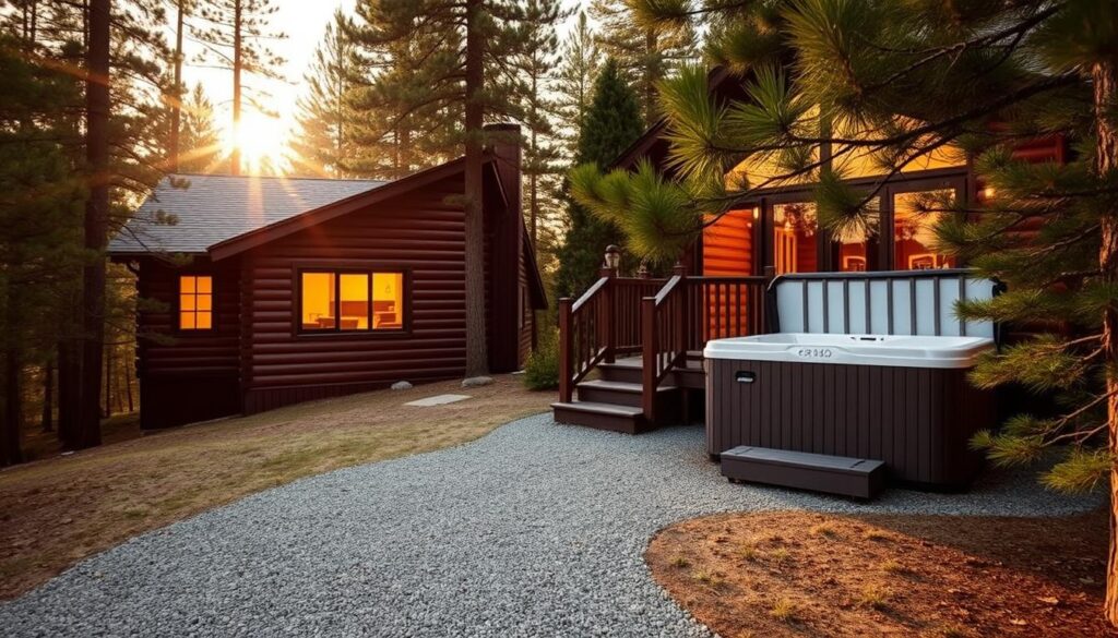Island Park cabin access: A cozy wooden cabin nestled among pine trees, its warm glow radiating through the windows. In the foreground, a well-maintained gravel path leads up to the cabin's entrance, inviting visitors to step inside. Soft, golden hour lighting filters through the surrounding foliage, casting a serene ambiance. The cabin's exterior features a spacious deck with a bubbling hot tub, offering a tempting retreat after a day of exploring the nearby Yellowstone National Park. The overall scene conveys a sense of rustic charm and easy access to the stunning natural wonders of Idaho's Island Park region.