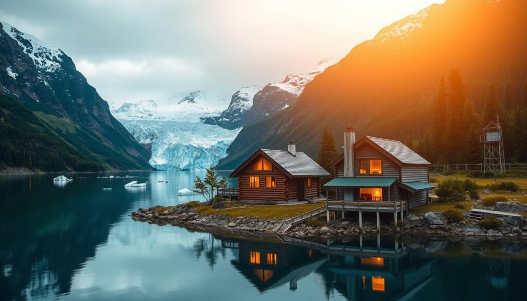 Kenai fjords, where towering glaciers spill into the sea, framed by rugged mountains capped with snow. In the foreground, a serene cove with a cozy log cabin nestled on the shoreline, its reflection mirrored in the still waters. Warm light filters through the windows, inviting exploration. Beyond, the fjord stretches out, dotted with icebergs and surrounded by lush, verdant forests. Overhead, a soft, golden glow bathes the scene, creating a sense of tranquility and wonder. The camera captures this picturesque tableau from a low angle, emphasizing the grandeur of the landscape and the intimate charm of the cabin retreat.