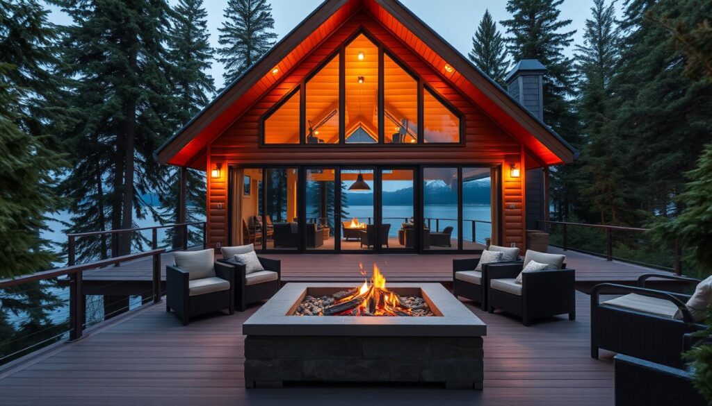 Lakefront A-frame cabin nestled in the lush forests of Coeur d'Alene, Idaho. Warm amber lighting illuminates the wooden exterior, casting a cozy glow across the serene lake. Expansive windows offer panoramic views of the still waters and distant mountains. A modern deck with a crackling fire pit extends the living space outdoors, inviting guests to relax and soak in the peaceful ambiance. Tall evergreens frame the scene, creating a secluded, nature-immersed atmosphere. Captured with a wide-angle lens to showcase the cabin's idyllic lakefront setting and blend of rustic charm and contemporary comfort.
