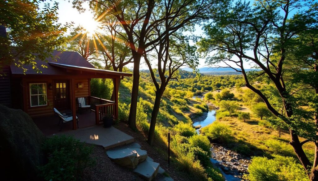 Marble Falls Getaway: A cozy cabin nestled amidst lush greenery, its rustic exterior complemented by a tranquil stream meandering through the landscape. Warm sunlight filters through the trees, casting a golden glow on the scene. In the foreground, a wooden porch invites guests to relax and take in the serene atmosphere. The middle ground features a well-maintained hiking trail winding through the serene wilderness, while the background showcases the majestic hills and distant peaks of the Texas Hill Country. The overall mood is one of peaceful seclusion, where the stresses of everyday life fade away, allowing for a truly restorative getaway.