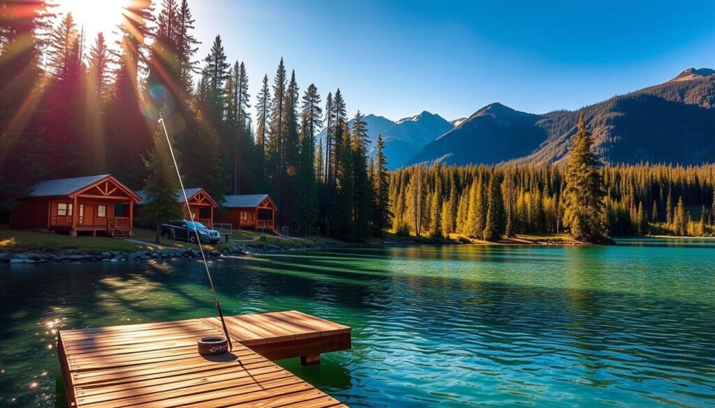 Picturesque BlueWater BaseCamp nestled in the heart of the Chugach Mountains, with its cozy log cabins and tranquil lake. Warm sunlight filters through towering spruce trees, casting a golden glow across the serene scene. In the foreground, a rustic wooden dock stretches out over the crystal-clear waters, inviting visitors to cast a line or simply soak up the breathtaking natural surroundings. The middle ground features well-maintained hiking trails winding through the lush, evergreen forest, while the distant peaks of the Chugach Range rise majestically in the background, shrouded in a soft, misty haze. An atmosphere of peaceful solitude and outdoor adventure pervades this idyllic Alaskan getaway, just a short drive from the bustling city of Anchorage.